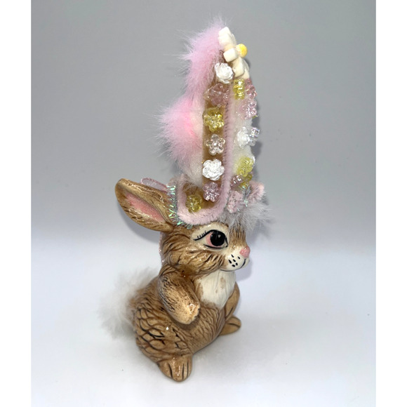 Vintage Ceramic Dancing Easter Bunny With Poof Faux Fur Flower Hat Deb O. OOAK - Picture 6 of 16